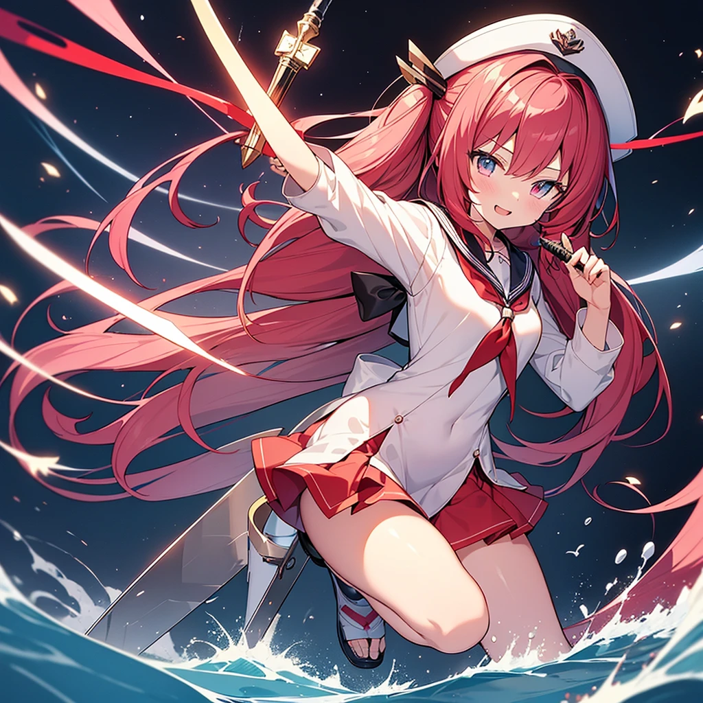 high quality,  a girl with long red hair and a sailor hat holding a sword, best anime 4k konachan wallpaper, anime fencer, cushart krenz key art feminine, anime style 4 k, splash art anime , nightcore, high quality anime artstyle, pink twintail hair and cyan eyes, anime visual of a cute girl, from arknights