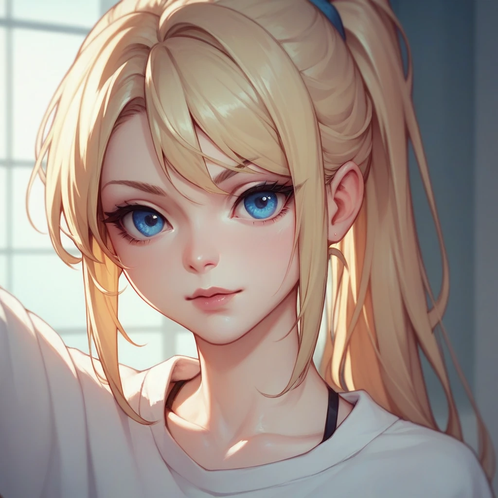 1girl, long straight hair, blonde hair, blue eyes, ponytail