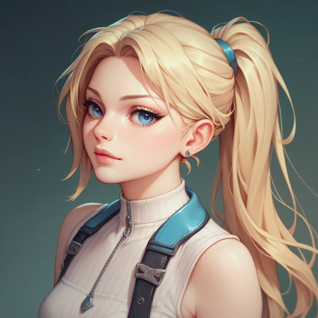 1girl, long straight hair, blonde hair, blue eyes, ponytail