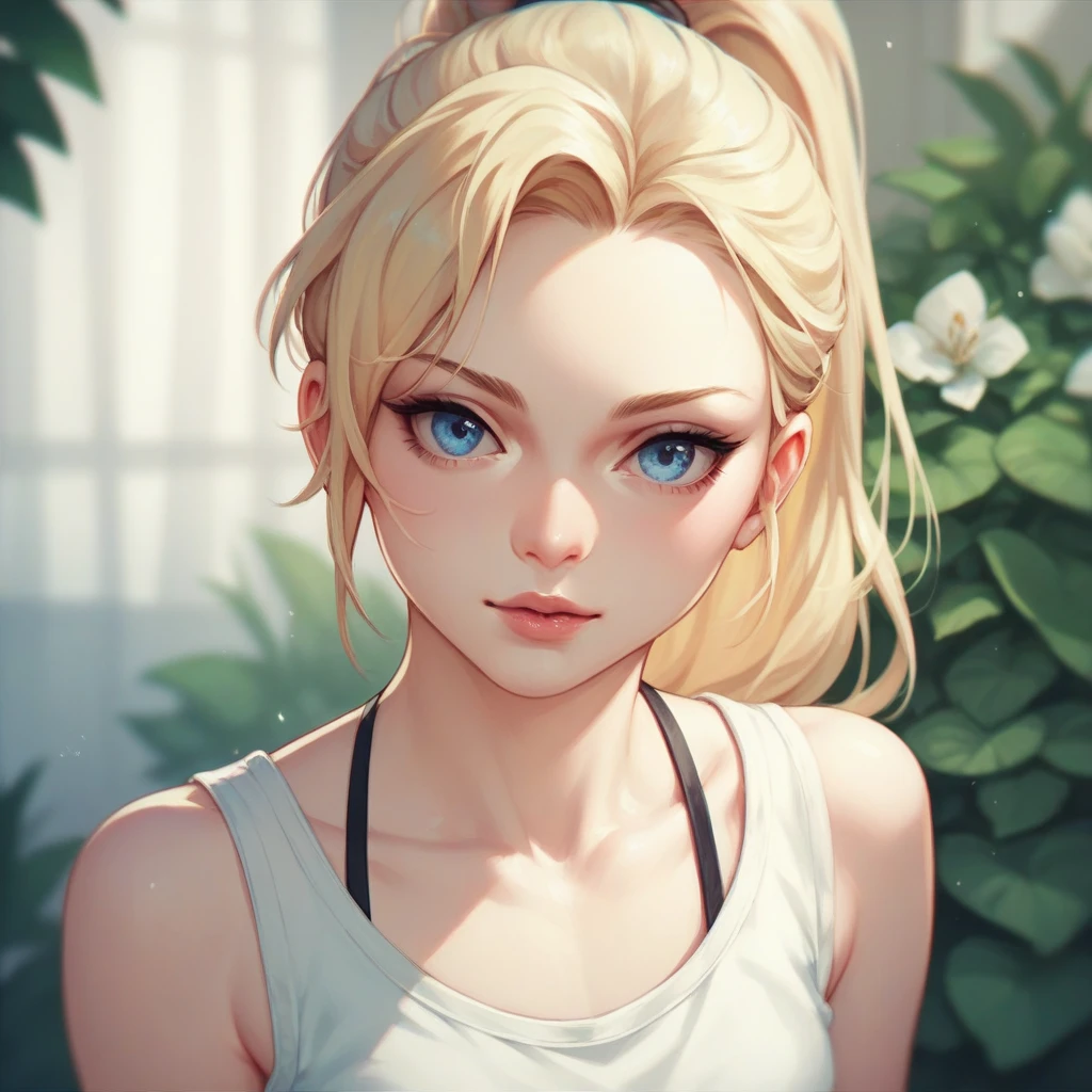 1girl, long straight hair, blonde hair, blue eyes, ponytail