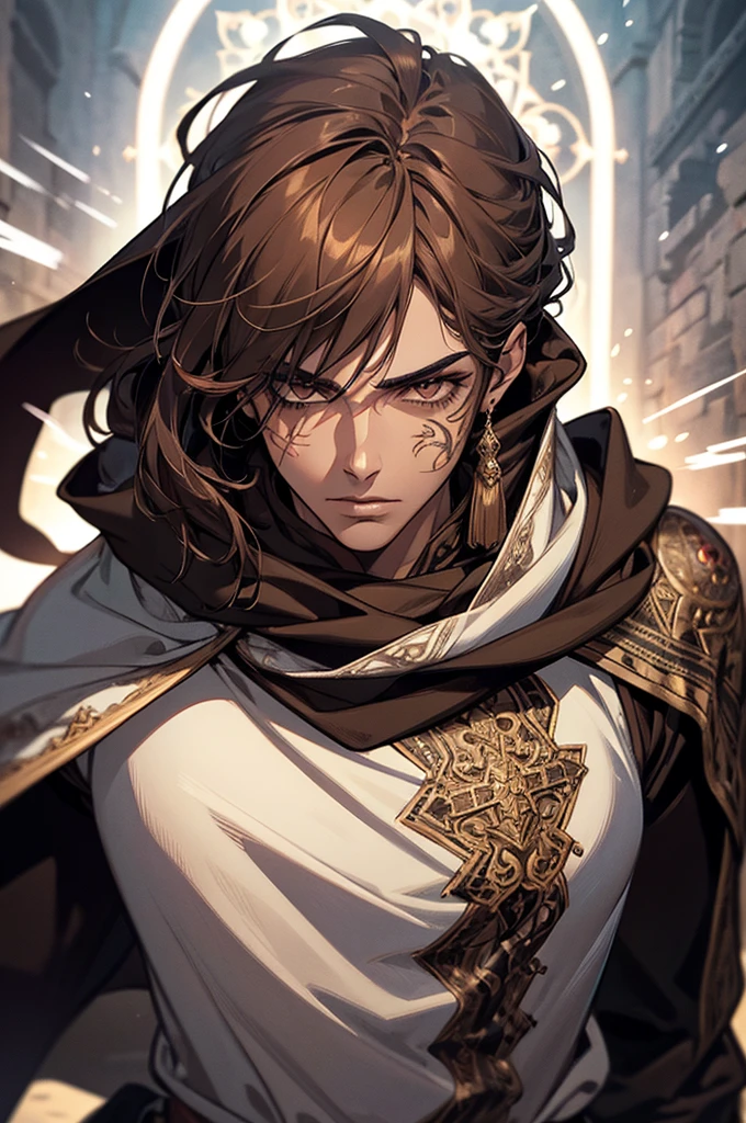 highly detailed portrait of a handsome medieval swordsman, long dark hair with bangs, brown eyes, tanned skin, intricate tattoos, hooded scarf, dynamic energy effects, cinematic lighting, 8k, hyper realistic, masterpiece, photorealistic, digital art, fantasy, dramatic