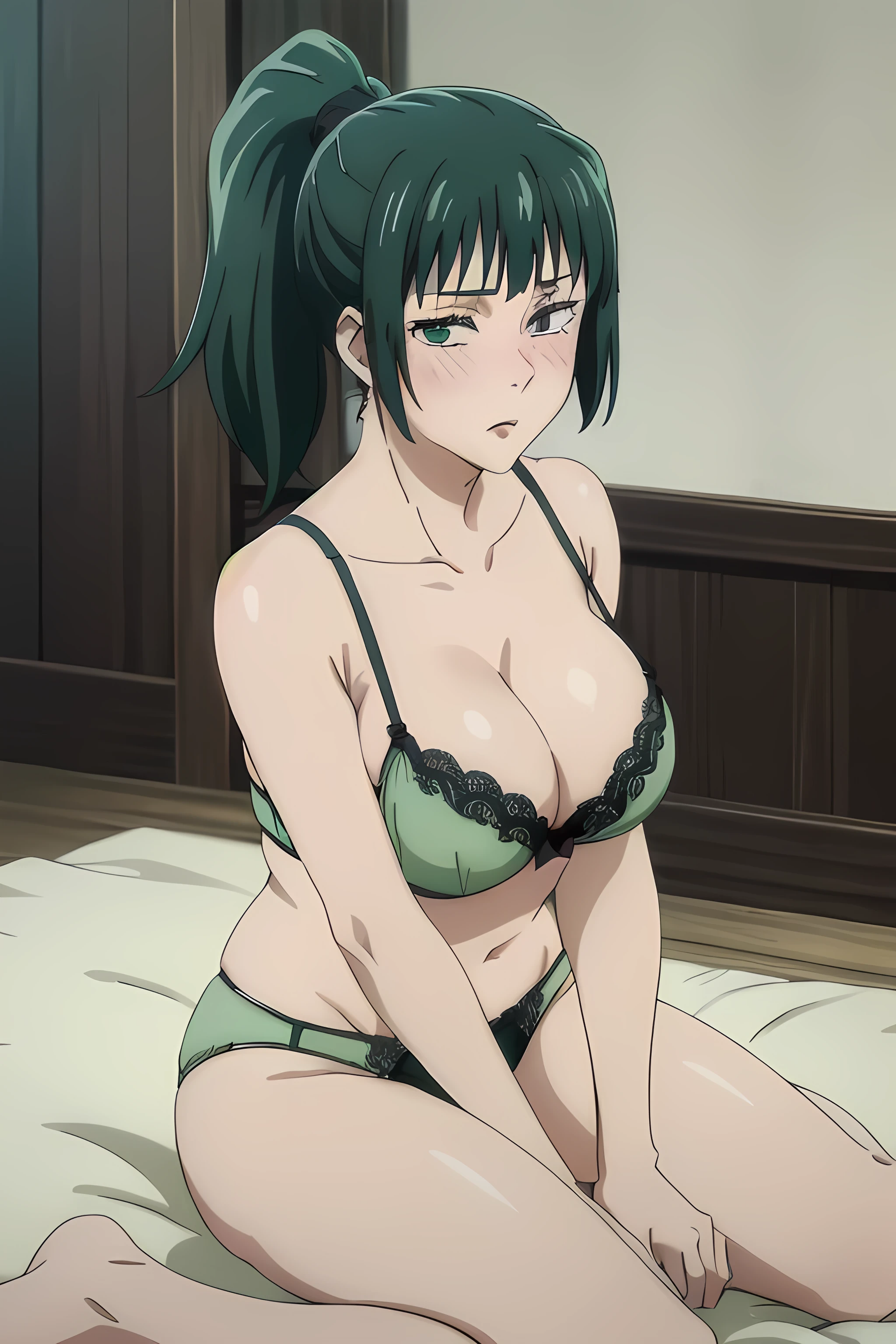 (masterpiece:1.2, best quality), (finely detailed beautiful eyes: 1.2), (extremely detailed CG unity 8k wallpaper, masterpiece, best quality, ultra-detailed), (masterpiece, best quality:1.2), 1girl, female solo, huge breasts, rounded breasts, shining breasts, perfect eyes, perfect face, perfect body, seductive,, looking at viewer, cleavage, zenin_maki, ponytail, bangs, green hair, brown eyes, dark green lace bra, dark green lace panties, dark green lace lingerie, no clothes, no cloth, sitting, on her knees, blush on face