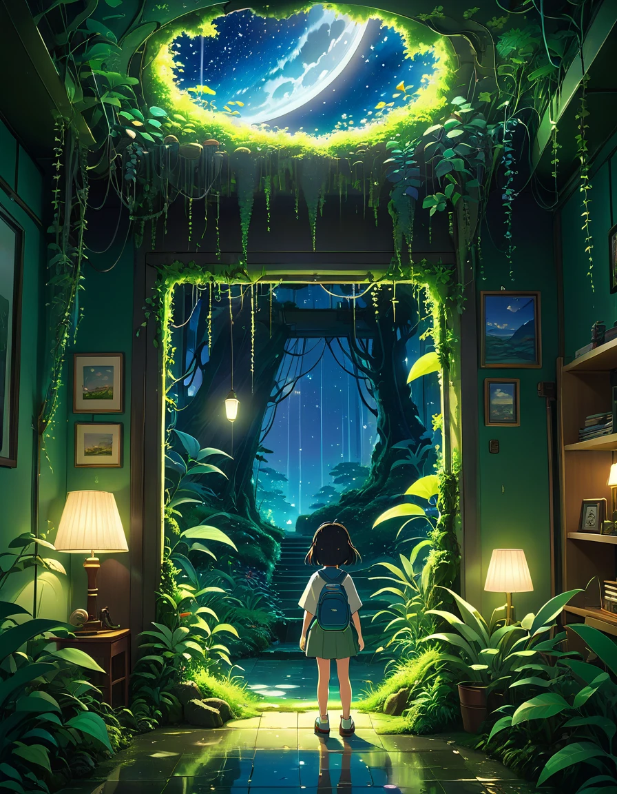 A cartoon little kid stands amidst a room adorned with lush plants and a lush nocturne forest scenario, a hole in the ceiling adorned with moss and vines reveals a starry night, biophilic and solarpunk place, encapsulated in an anime background reminiscent of Makoto Shinkai's and Cyril Rolando's artistry. The ambiance echoes the enchanting style of Studio Ghibli, with a magical environment that could belong to a Ghibli anime movie, Makoto Shinkai, vibrant colors