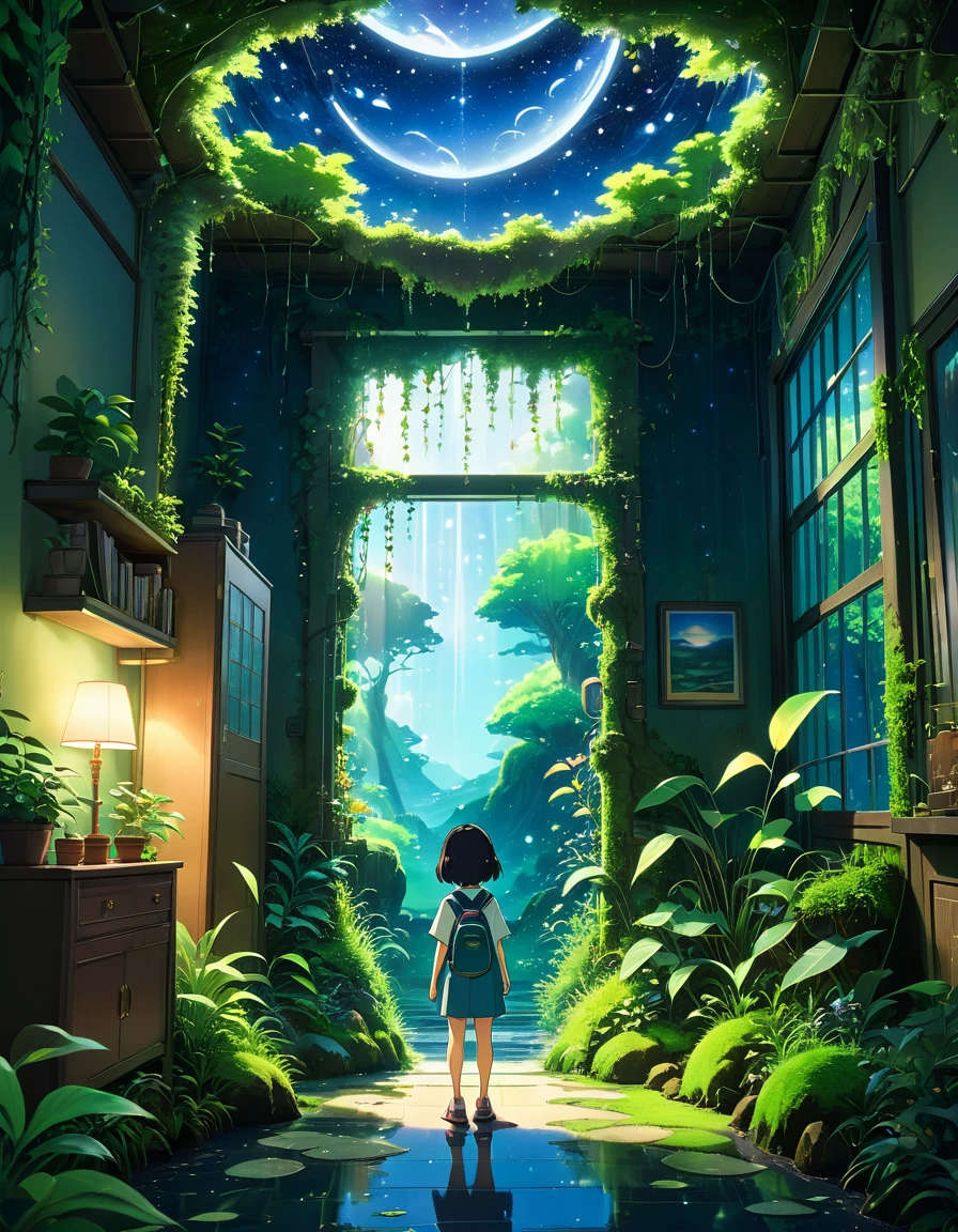 A cartoon little kid stands amidst a room adorned with lush plants and a lush nocturne forest scenario, a hole in the ceiling adorned with moss and vines reveals a starry night, biophilic and solarpunk place, encapsulated in an anime background reminiscent of Makoto Shinkai's and Cyril Rolando's artistry. The ambiance echoes the enchanting style of Studio Ghibli, with a magical environment that could belong to a Ghibli anime movie, Makoto Shinkai, vibrant colors