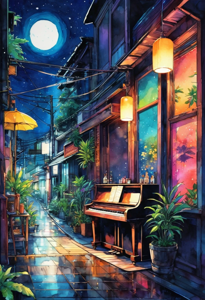 【best work of art】Piano Jazz Bar, to dream, night light,Analog Color Theme, Hip Hop Lo-Fi , retrospective, flat ass, 2.5D ,Draw a line, ink painting, Osaka Road, Watercolor painting, cor guache, very colorful, Outerton, Krautlock, Lofiato,old texture, amplitude,Psychedelic atmosphere, work of art, Wonder Technology,Darken the room,Outside the window is a beautiful night beach