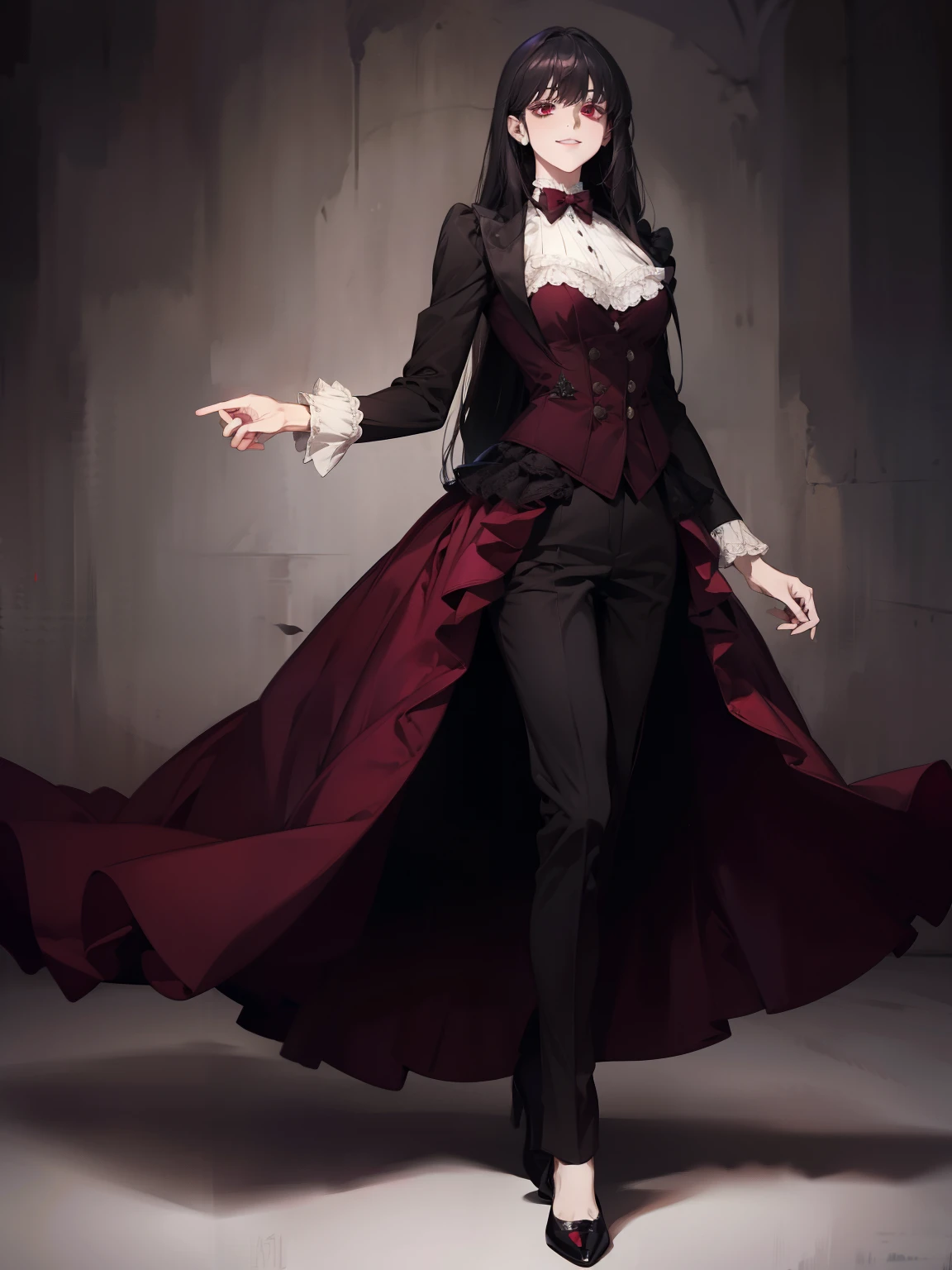 butler outfit, long black hair, maroon red eyes, bangs, Gothic art, full body shot, elegant pose, smile, Romanticism, masterpiece, anatomically correct, high quality, super detail, best quality, 4K, 8k