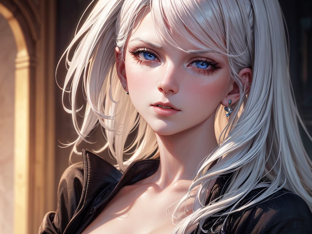 a beautiful woman with white hair, small breasts, looking straight ahead, detailed facial features, porcelain skin, dramatic lighting, cinematic composition, digital painting, vibrant colors, photorealistic, high quality, extremely detailed, masterpiece, 8k