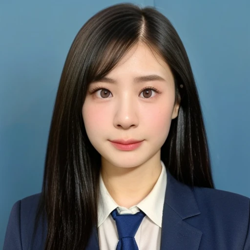 (kawaii 24 year-old Japanese girl, Nogizaka idol, Korean idol), (glossy black hair, short bob, hair length must be even and symmetric:1.3), (rounded face, single eyelid, no makeup, serious expression:1.2), (wearing suit jacket, collared shirt, necktie:1.3), (extra small breasts:0.9), (looking at viewer:1.2), BREAK, (simple blue background, yearbook background:1.3), (portrait, id photo, bust shot, view from vertically straight forward:1.3), (keep a margin on the top), BREAK, (masterpiece, best quality, photo realistic, official art:1.4), (UHD, 8K quality wallpaper, high resolution, raw photo, golden ratio:1.3), (shiny skin), professional lighting, physically based rendering, award winning, (highly detailed skin, extremely detailed face and eyes), Carl Zeiss 85 mm F/1.4, depth of field, 1girl, solo,