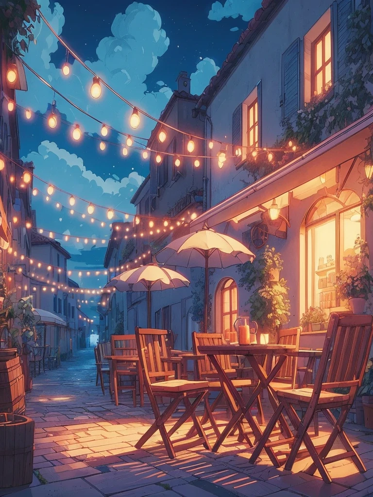 Draw a simple digital anime of a wide lofi scene of Italy&#39;s cafe street with fairy lights, Wooden furniture, aesthetic lights, natta,, diffuse light, beautiful cloudy sky, vibrant color tones, work of art, peaceful scene