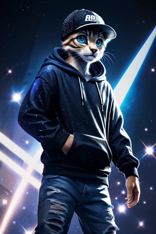 (Highest quality、masterpiece、8k))、Anatomically correct、Very detailed、High resolution、Realistic、((Beautiful, sparkling, detailed eyes))、Intricate details、Cinematic lighting、((Dynamic composition))、Kitten in a black and white hoodie、Nike Caps、hip hop、Distressed jeans