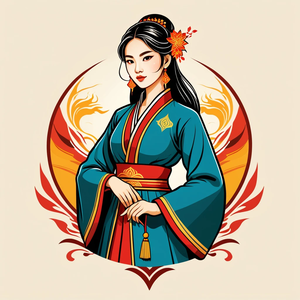 female	summoner	in vietnamese folk outfit	,vector graphics, strong contours, logo design																						