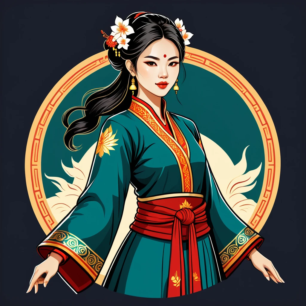 female	summoner	in vietnamese folk outfit	,vector graphics, strong contours, logo design																						