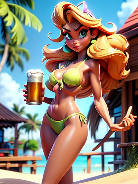 In the style of a 3D Disney movie, 4k, highly detailed, Gorgeous bombshell of a 36-years-old woman, tan olive skin, long blonde hair, green eyes, approximately 5'2" tall, medium sized breasts, ((slim, petite)), ((Wearing a flossing green bikini)), walking, ((holding a beer can in one hand)), palm trees, beach resort, beach vacation. In the Pixar, Disney style, Unreal 8k octane rendering engine
\