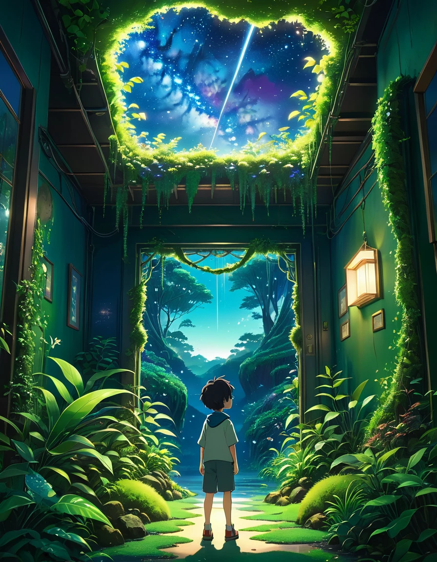 A cartoon little boy stands amidst a room adorned with lush plants and a lush nocturne forest scenario, a hole in the ceiling adorned with moss and vines reveals milky way starry night, biophilic and solarpunk place, encapsulated in an anime background reminiscent of Makoto Shinkai's and Cyril Rolando's artistry. The ambiance echoes the enchanting style of Studio Ghibli, with a magical environment that could belong to a Ghibli anime movie, Makoto Shinkai, vibrant colors, perfect composition, masterpiece, best quality