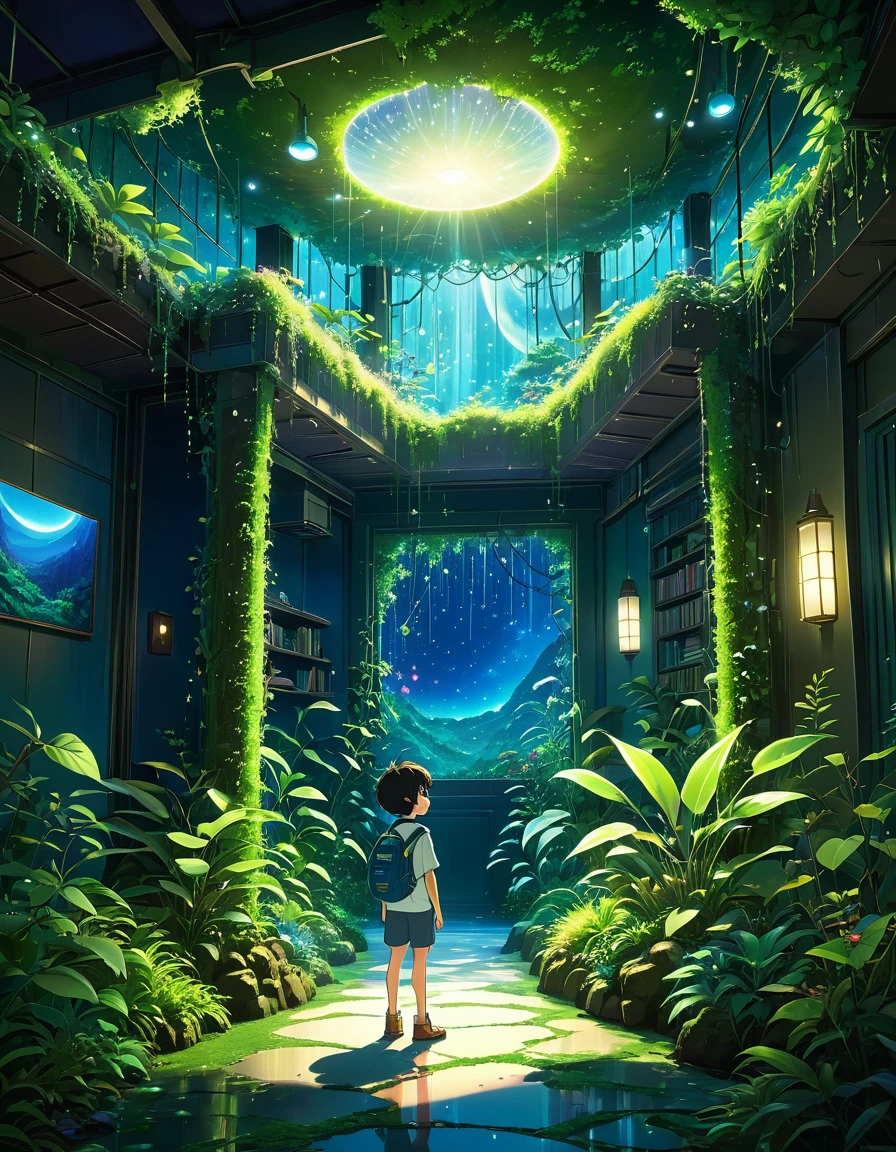 A cartoon  stands amidst a room adorned with lush plants and a lush nocturne forest scenario, a hole in the ceiling adorned with moss and vines reveals milky way starry night, biophilic and solarpunk place, encapsulated in an anime background reminiscent of Makoto Shinkai's and Cyril Rolando's artistry. The ambiance echoes the enchanting style of Studio Ghibli, with a magical environment that could belong to a Ghibli anime movie, Makoto Shinkai, vibrant colors, perfect composition, masterpiece, best quality