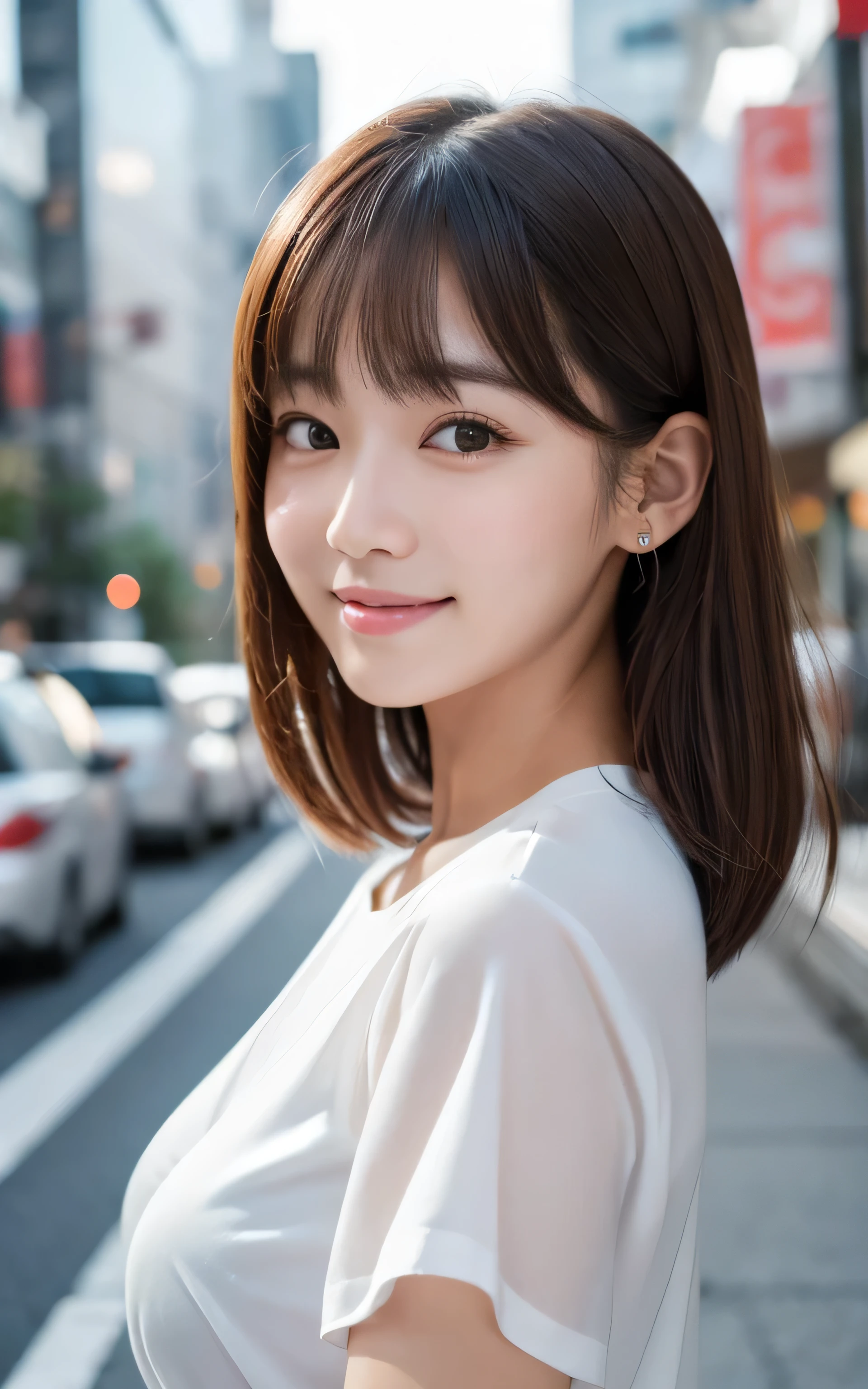 Tabletop, Highest quality, shape, Very detailed, High resolution, 8k wallpaper, Perfect dynamic composition, One Japanese woman,Beautiful and beautiful eyes, Cute eyes,Bob Hair,Natural Lip, white dress shirt, ((large shirts)),(see-through nipples:1.1),Downtown at night,Very fine grain definition,(Round face),beautiful girl,,Realistic,Tiny bangs,Droopy eyes,A shy smile,Brown Hair,Aligned teeth,