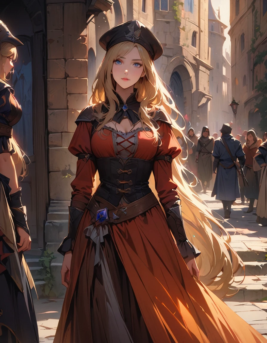 Detailed textures, high quality, high resolution, high accuracy, realism, color correction, correct lighting settings, harmonious composition. an image fantasy art of a blonde women dressed in medieval garbs, blonde hair, blue eyes, long hair, hat, solo focus, bow