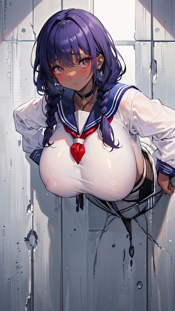 (masterpiece:1.2、Highest quality、Tmasterpiece)、1 female、alone、classroom、Day、stand、beauty、(Oversized Sailor Suit:1.4)、(Dark Skin:1.4)、break、Big Breasts、Long sleeve、corset、Earrings、lipstick、choker、blush、Covered breasts、Bangs braids、(Thick lips:1.2)、(Wall of Glory:1.2)、(Stuck:1.2)、(Going through walls:1.2)