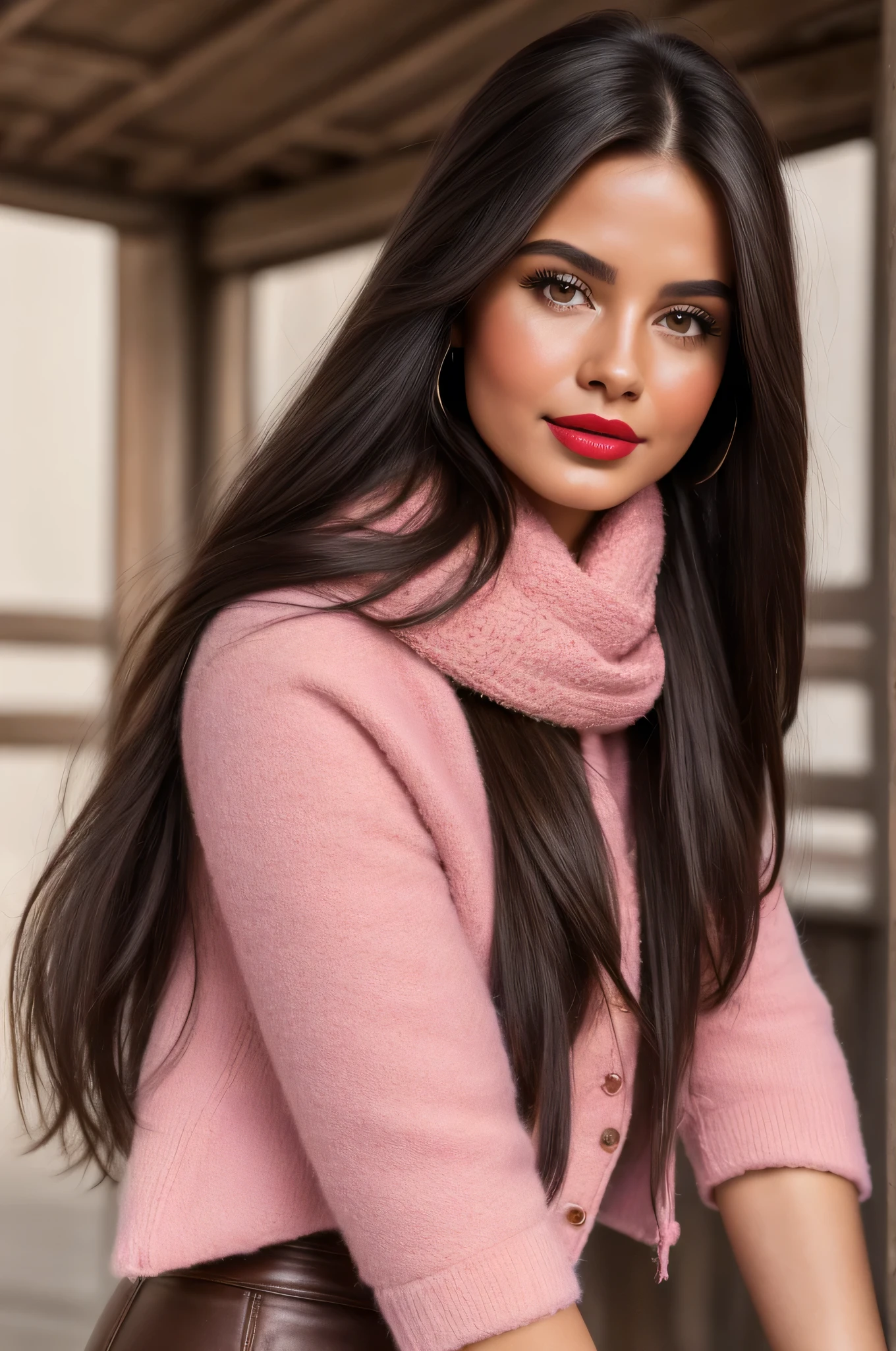 photorrealistic, best qualityer, hyper detailled, photo by full body. a gorgeous, bonitas, warm heart, kindness, Good Heart, splendid, happy, dolce, educated, confidential, sensible, Ablaze, enchanting, appealing, dreamers, gracious, chic, fashionable, Peruvian woman with long, flowing dark hair, a beautiful brunette woman from Peru with the cutest face, Skinned, soft makeup, red lipgloss stick, She's wearing a leather jacket, Skinnedny trousers, riding boots, and a pink scarf.