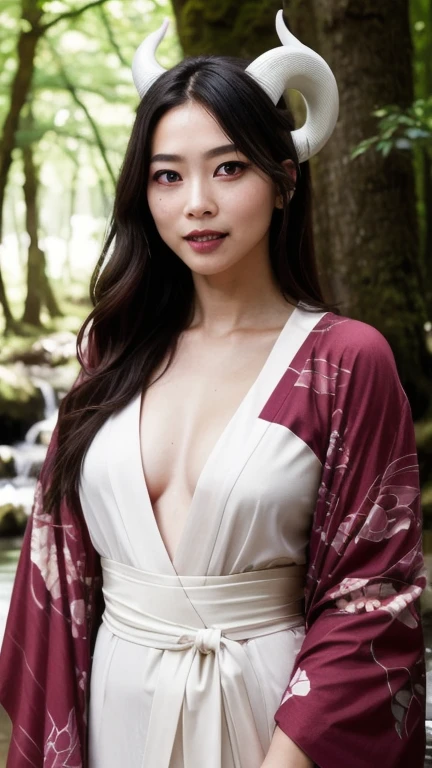 tiefling:1.2, alone, One girl, Small horn, 10 inches tall, Long Hair, whiteの髪, white colored skin, lips,、Fangs protruding from the mouth, Full body, jewelry, kimono, Blurred background, Realistic:1.3, Depth of written boundary, Forest stream, (Perfect body, Beautiful Face, eye shadow, Beautiful red eyes, Detailed face), (sexy, Fascinating), (photoRealistic:1.6), (Mature Adult:1.25) white colored skin (white_skin)