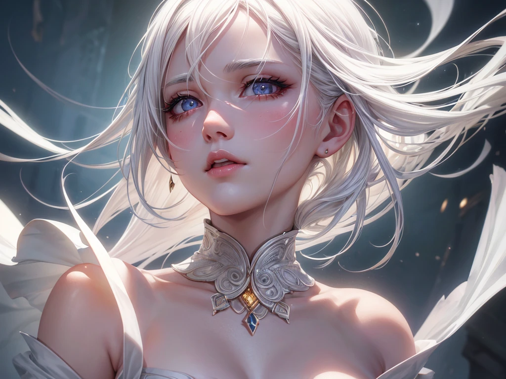 beautiful white haired girl, small breasts, looking directly at camera, detailed facial features, delicate skin, porcelain complexion, serene expression, intricate hairstyle, cinematic lighting, high quality, digital art, hyper realistic, photorealistic, award winning artwork, artstation