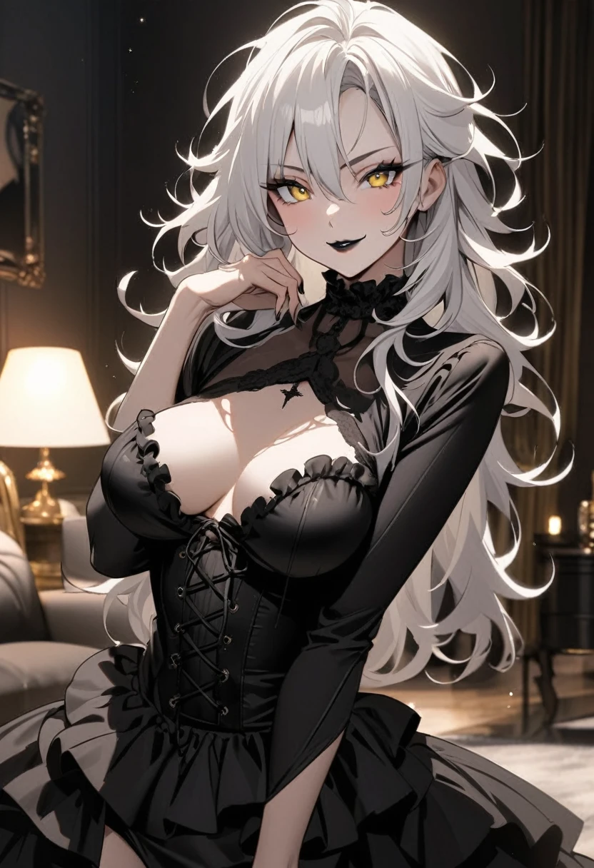 Mature woman, perfect eyes, long white hair, messy hair, yellow eyes, normal breasts, black gothic dress, sexy woman, elegant woman, black eyeliner, puff dress, ruffles and laces, black lipstick, sexy pose, in the living room, sexy smile, beautiful.