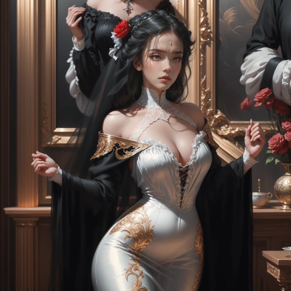 { - anatomy error}(Masterpiece - Ultra-detailed, very high resolution) Prepare to be enchanted by a true masterpiece that combines ultra-detailed art with high-resolution rendering. This work depicts a mesmerizing woman with long black hair (1.3) and captivating gray eyes (1.2), emanating an aura of elegance and mystery in Victorian environments. Intricate details and realistic textures invite you to explore every aspect of this enchanting composition.. Woman wearing a beautiful classic Victorian costume from the year 1878. Red lips. happy face. smiling. offwhite (offwhite) don., Back, olhando Back, dynamic poses. Get ready to dive into a world where beauty and craftsmanship merge perfectly.