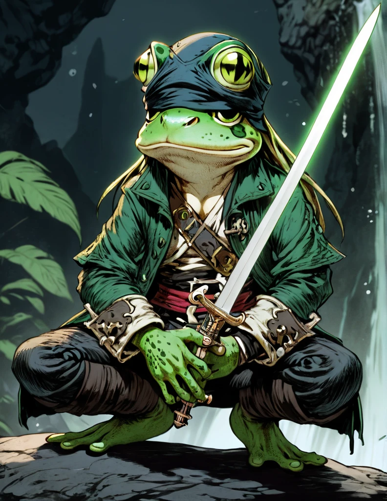 (sketch art, concept art:1.4),(masterpiece rough sketch drawing), best quality, solo closeup, meditating frog rogue, green skin, green eyes, dark outfit, sword (pirate Style), high contrast, space theme, grunge, punk rock, waterfall