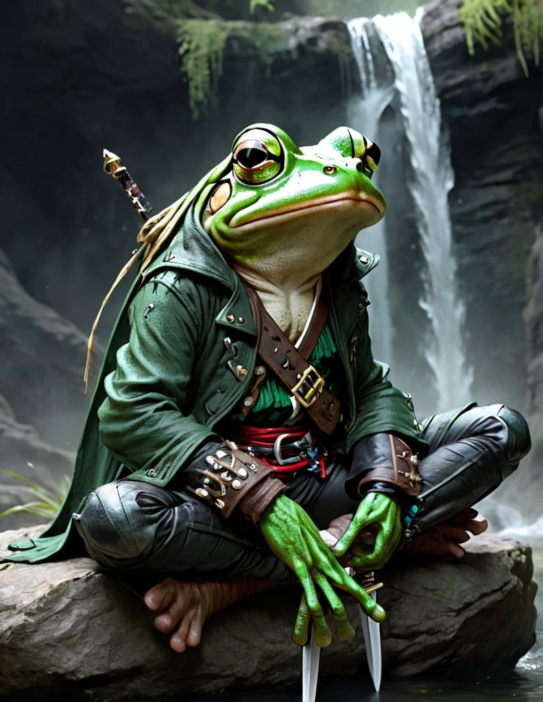 (sketch art, concept art:1.4),(masterpiece rough sketch drawing), best quality, solo closeup, meditating frog rogue, green skin, green eyes, dark outfit, sword (pirate Style), high contrast, space theme, grunge, punk rock, waterfall