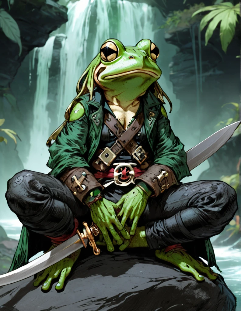 (sketch art, concept art:1.4),(masterpiece rough sketch drawing), best quality, solo closeup, meditating frog rogue, green skin, green eyes, dark outfit, sword (pirate Style), high contrast, space theme, grunge, punk rock, waterfall