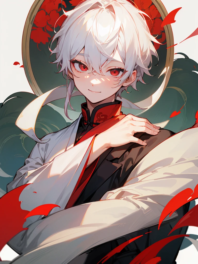 masterpiece、Highest quality、Eyes with attention to detail、whole body、One boy、White shorthair、Hair with bouncy ends、Red eyes、Three white eyeischievous smile、Canine、chinese garment