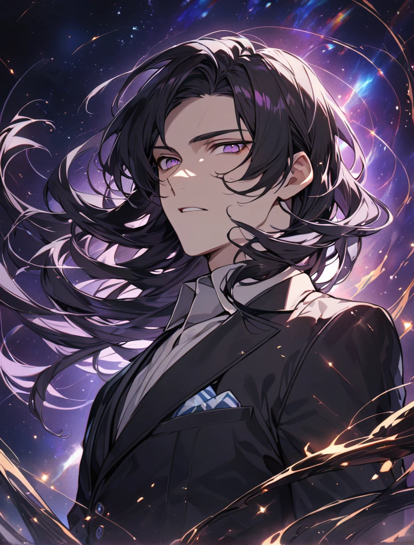 (black_hair), (long_male_hair), (deep_purple_eyes), (high_detailed_eyes), (attractive), (Deep_space_background), (male), (wears_black_suit), (long_male_hair), (detailed_Hair), (detailed), (detailed_mouth), (vertical_slit_pupils), (western) 