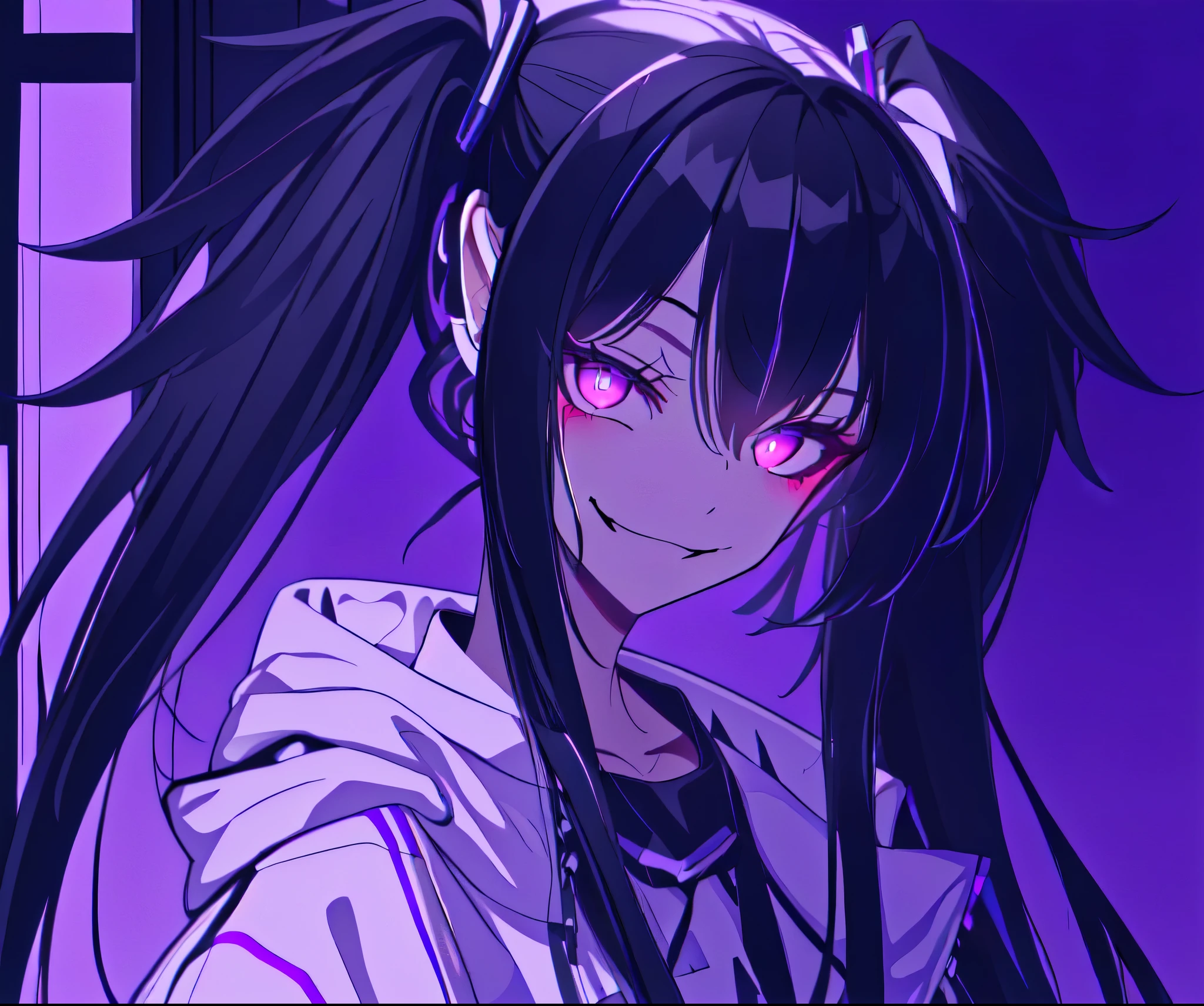 closeup of anime girl face, (black hair:1.5), twintails, M shaped bangs, (pointed bangs), messy bangs, fluffy bangs, criss crossed bangs, thick lines artstyle, cell shading artstyle, cyberpunk white jacket, purple eyes, (thick lines artstyle), (squinted sly eyes), (one squinted eye), cell shading artstyle, purple background, (yandere evil smile), (smug), wide grin, sly, cheshire cat expression, strong emotions, (sadistic expression)