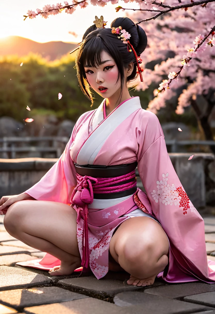 Obra maestra, Mejor calidad, 1 chica, japonesa, ojos violeta, rostros hermoso, senos gigantescos mostrando sus areolas oscuras, cabello recogido y peinado llamativo tipo geisha, totalmente desnuda dejando ver todo su cuerpo perfecto, mostrando su vagina, cuerpo entero, caderas anchas y cintura delgada, landscape sakura trees, edificios de era edo