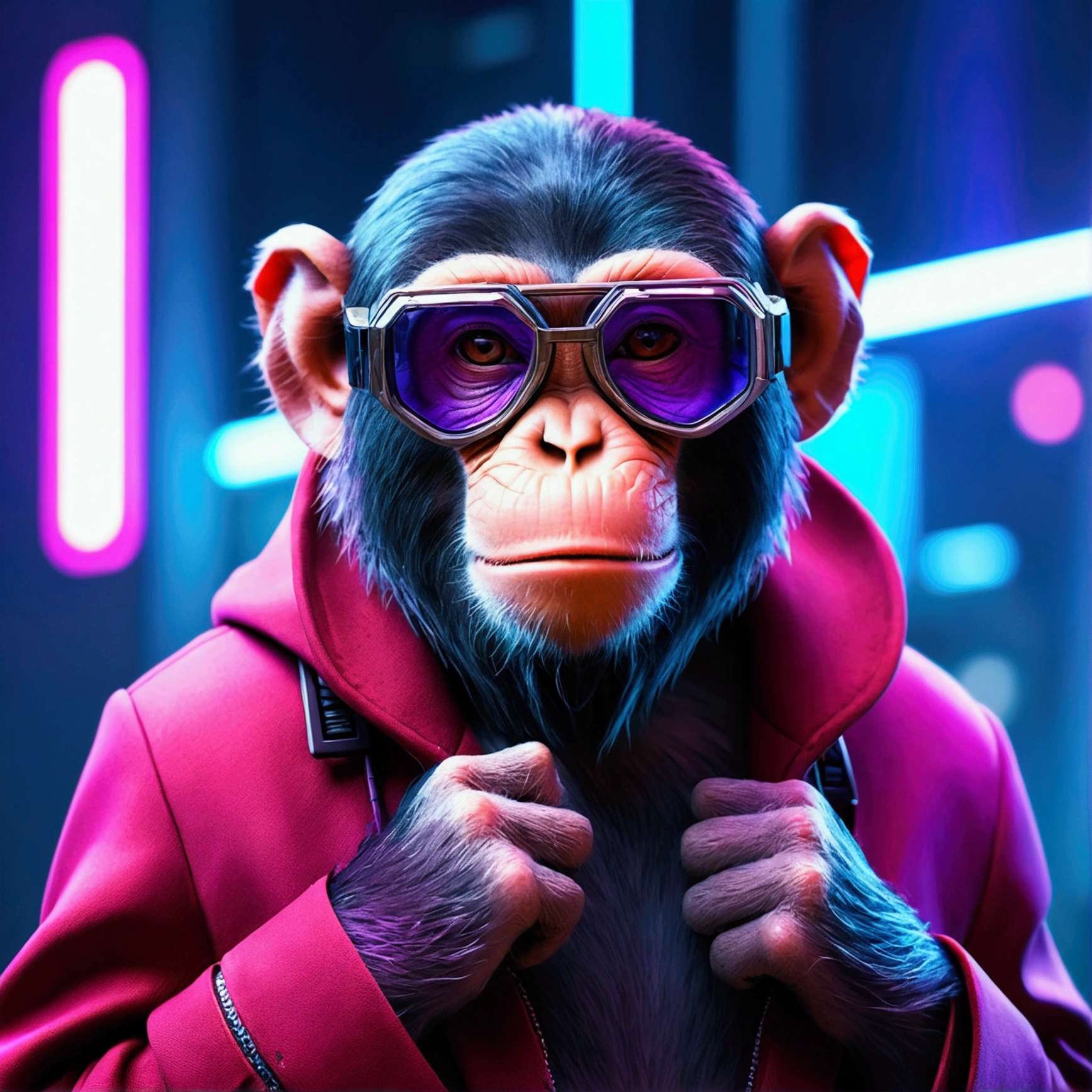 Realistic Monkey, Monkey hiding its eyes, Monkey plugging ears, Hide your mouth, Cyberpunk monkey with its face facing forward, ultra futuristic with futuristic glasses, cap, red coat, in portrait style, cyberpunk theme, technologist, retro, blue and purple neon, with a futuristic cyberpunk city in the background. badass, blue and purple neon background, Epic lighting, Photography Lighting, reflection mapping, ultra detailed, photorealistic, cinematic, movie quality rendering, vfx post production, rtx ray tracing lighting, grumpy atmosphere, ombre