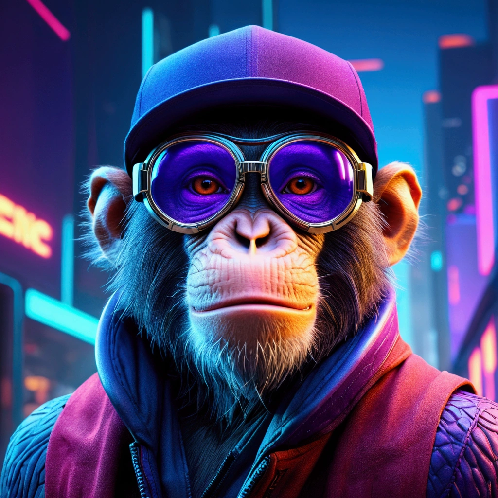 Realistic Monkey, Monkey hiding its eyes, Monkey plugging ears, Hide your mouth, Cyberpunk monkey with its face facing forward, ultra futuristic with futuristic glasses, cap, red coat, in portrait style, cyberpunk theme, technologist, retro, blue and purple neon, with a futuristic cyberpunk city in the background. badass, blue and purple neon background, Epic lighting, Photography Lighting, reflection mapping, ultra detailed, photorealistic, cinematic, movie quality rendering, vfx post production, rtx ray tracing lighting, grumpy atmosphere, ombre