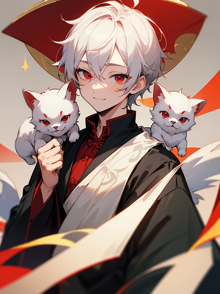 masterpiece、Highest quality、Eyes with attention to detail、whole body、One boy、White shorthair、Hair with bouncy ends、Red eyes、Three white eyeischievous smile、Canine、chinese garment