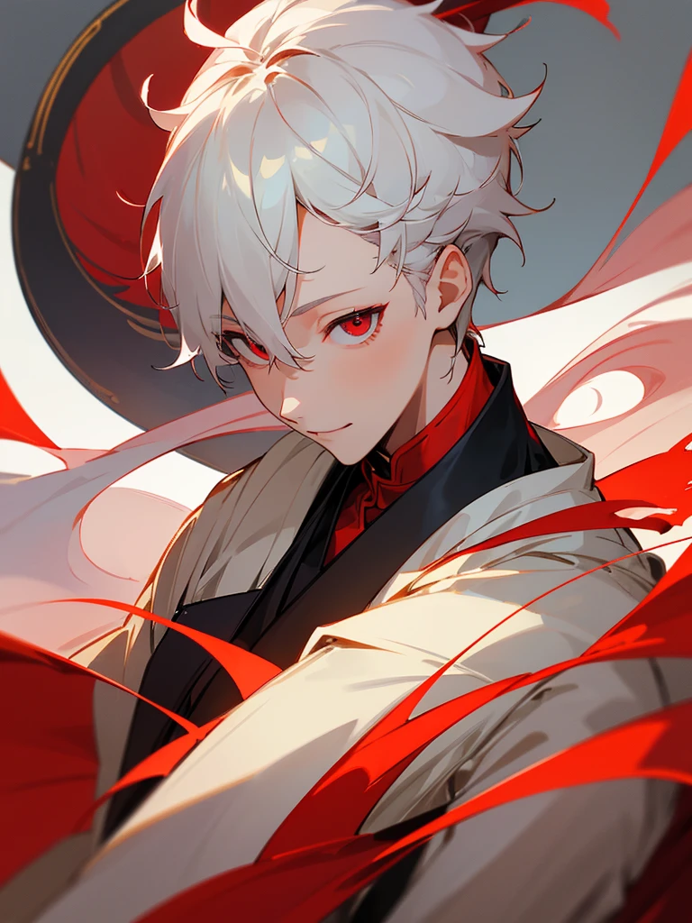 masterpiece、Highest quality、Eyes with attention to detail、One boy、White shorthair、Hair with bouncy ends、Red eyes、Three white eyeischievous Smile、Canine、chinese garment、whole body、Character portrait