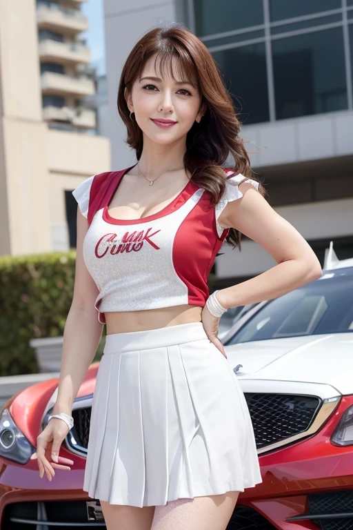(8k, RAW Photos, Highest quality, Tabletop:1.2), (Realistic, Realistic:1.37), Ultra-high resolution, One Girl, ((80 years old)), (Idol:1.4), (Famous actress :1.4), (Beautifully detailed face:1), bangs, (Colorful floating hair), Skin dents, light makeup, (Beautiful big boobs:1.3), (Glowing Skin:1.1), Glowing Skin, Long limbs, slim, Saggy breasts:1.3, Tight waist, Medium Hips, Thin legs, slim thigh, Dynamic Lighting, Sexually provocative face, Shiny texture, lipstick, V-shaped eyebrows, V-line chin, View your audience, (Long Hair:1.3), (Perfect Face:1.4), ((Strong winds)), Flowing Hair, audience, (smile:1.3), blue sky, (((Monte Carlo Street Circuit))), (((Racing Car))), (((Racing Bike))), ((Promotion Girl:1.3)), ((Grid Girls:1)), Pink Lip, light makeup, (Wear promotional outfits with attention to detail:1.10), Lace-up boots, Short sleeve, Cropped tops, ((Short jacket:1)), (Tube top bra:1), Knee-length, (((たくさんのロゴが入ったナイロンShort sleeveジャケット))), (Knee-lengthグリッターナイロンプリーツスカート), ((Asymmetrical medium size nylon pleated skirt)), Small Ass, ((Promotional wear with logo)), (((Red and white glitter promotional wear))), Fingerless gloves, Navel view style, Black-haired, Brown Hair, Redhead, blue eyes, (Drops of sweat:1), (Dynamic Angle), walk, Leaning forward, audience,