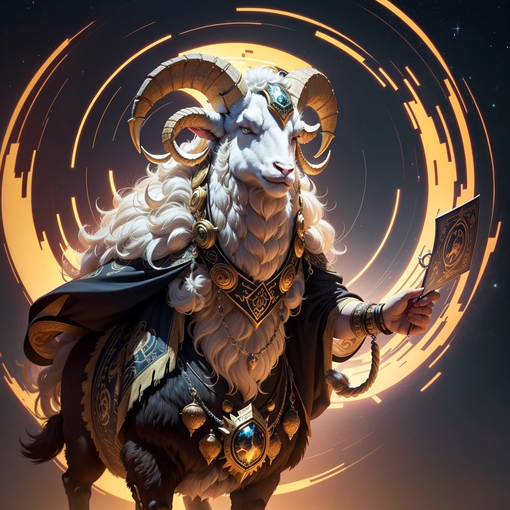 A closeup of a ram with big horns in the sky, Aries Tarot Burning Ram, Horned Ram Goddess, ram horns, front photo , Mystical Shepherd, ram horns, Dreaming of electric sheep, unknown zodiac sign, astral appearance, Beeple and Jeremias Ketner, Zodiac Sign, Aries constellation, battle ram, electric sheep, MASTODON, sheep skull. Full body and work