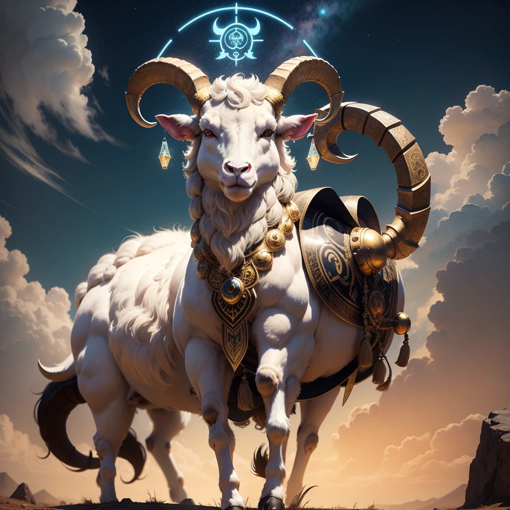 A closeup of a ram with big horns in the sky, Aries Tarot Burning Ram, Horned Ram Goddess, ram horns, front photo , Mystical Shepherd, ram horns, Dreaming of electric sheep, unknown zodiac sign, astral appearance, Beeple and Jeremias Ketner, Zodiac Sign, Aries constellation, battle ram, electric sheep, MASTODON, sheep skull. Full body and work 