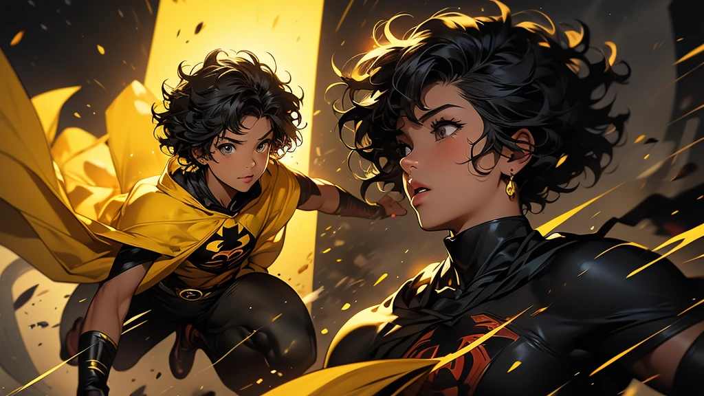 ((best quality)), ((artwork)), ((detailed)), superhero, black, with short curly hair, wearing yellow and black clothes, yellow cape, flying