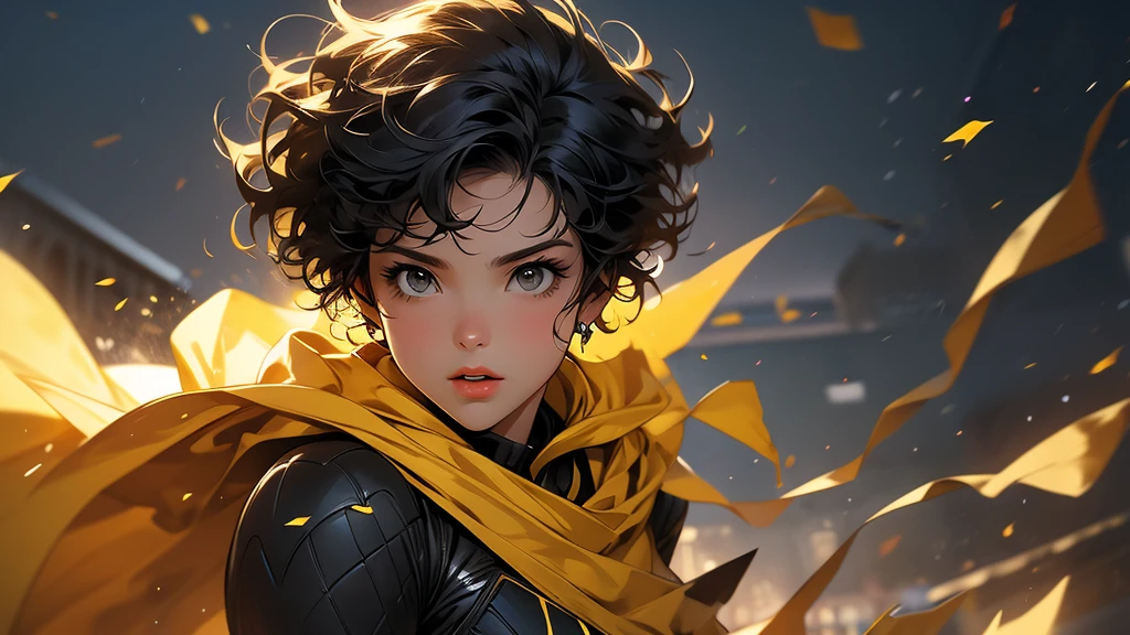 ((best quality)), ((artwork)), ((detailed)), superhero, black, with short curly hair, wearing yellow and black clothes, yellow cape, flying