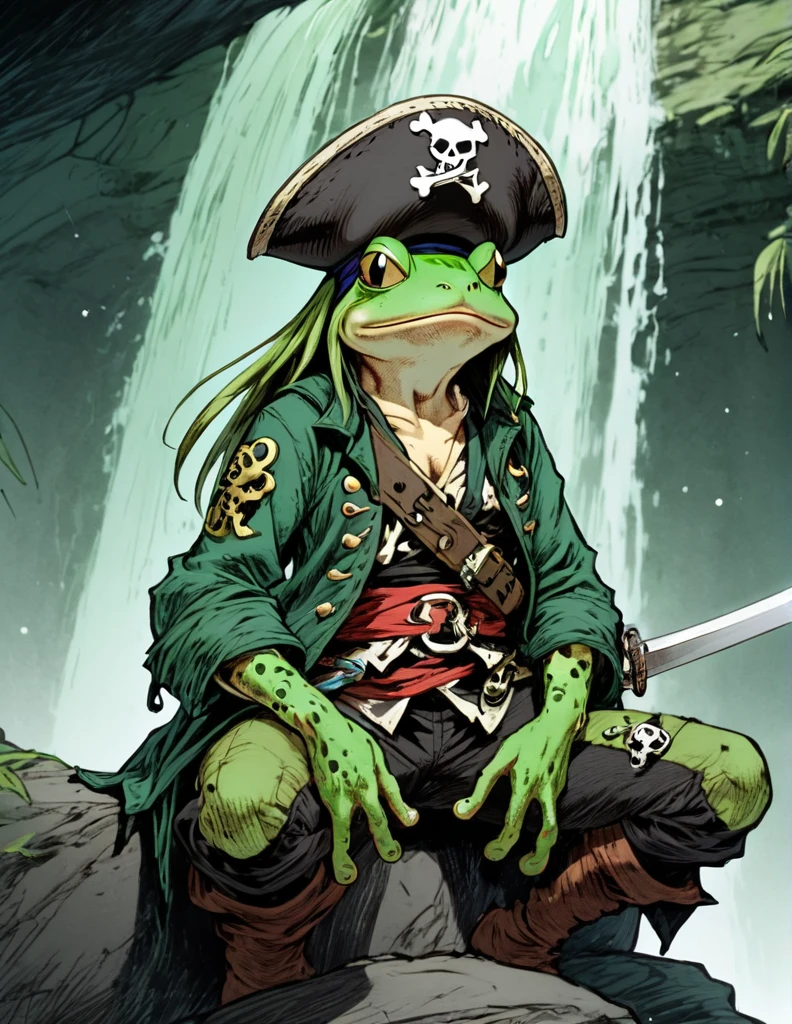 (sketch art, concept art:1.4),(masterpiece rough sketch drawing), best quality, solo closeup, meditating frog rogue, green skin, green eyes, dark outfit, sword (hat pirate Style), high contrast, space theme, grunge, punk rock, waterfall