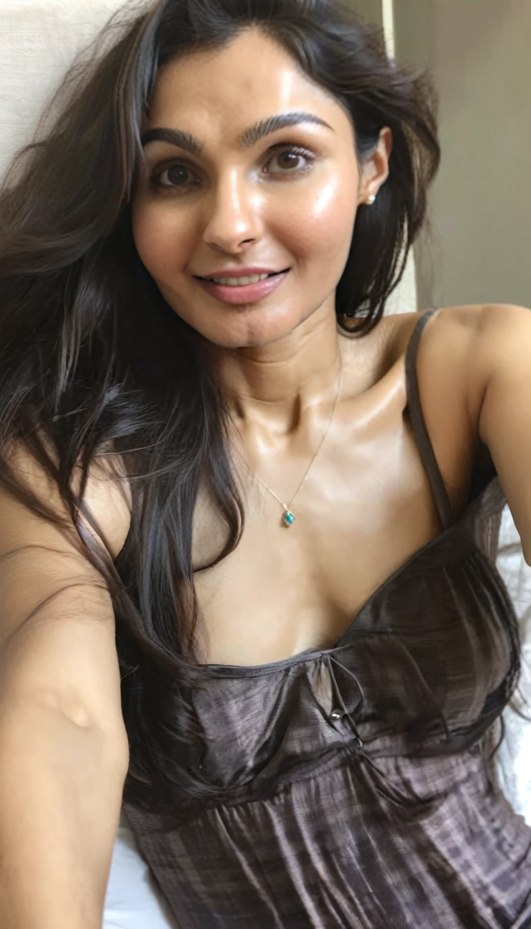 ultrarealistic hires body close up photo of a 30-year-olandrea jeremiah, bedroom, realistic skin texture, looking looking at camera, free hair, in bed, in bikini, realistic skin, in bed, cleavage and midriff, taking selfie,  true camera pic, beautiful eyes, while fucking, naked