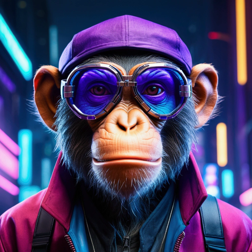 Cyberpunk monkey with its face facing forward, ultra futuristic with futuristic glasses, cap, red coat, in portrait style, cyberpunk theme, technologist, retro, blue and purple neon, with a futuristic cyberpunk city in the background. badass, blue and purple neon background, Epic lighting, Photography Lighting, reflection mapping, ultra detailed, photorealistic, cinematic, movie quality rendering, vfx post production, rtx ray tracing lighting, grumpy atmosphere, ombre