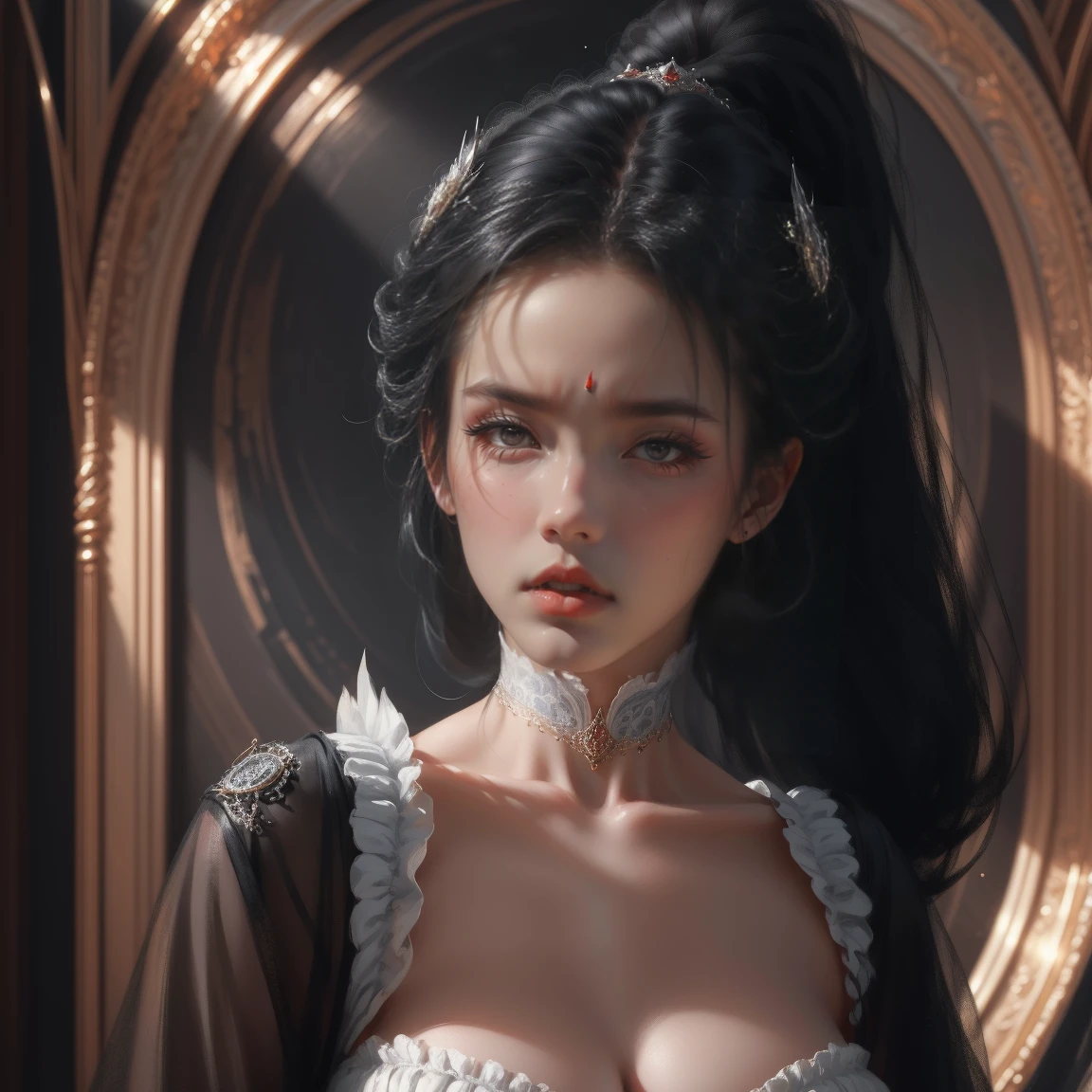 { - anatomy error}(Masterpiece - Ultra-detailed, very high resolution) Prepare to be enchanted by a true masterpiece that combines ultra-detailed art with high-resolution rendering. This work depicts a mesmerizing woman with long black hair (1.3) and captivating gray eyes (1.2), emanating an aura of elegance and mystery in Victorian environments. Intricate details and realistic textures invite you to explore every aspect of this enchanting composition.. Woman wearing a beautiful classic Victorian costume from the year 1878. Red lips. happy face. smiling. offwhite (offwhite) don., Back, olhando Back, dynamic poses. Get ready to dive into a world where beauty and craftsmanship merge perfectly.