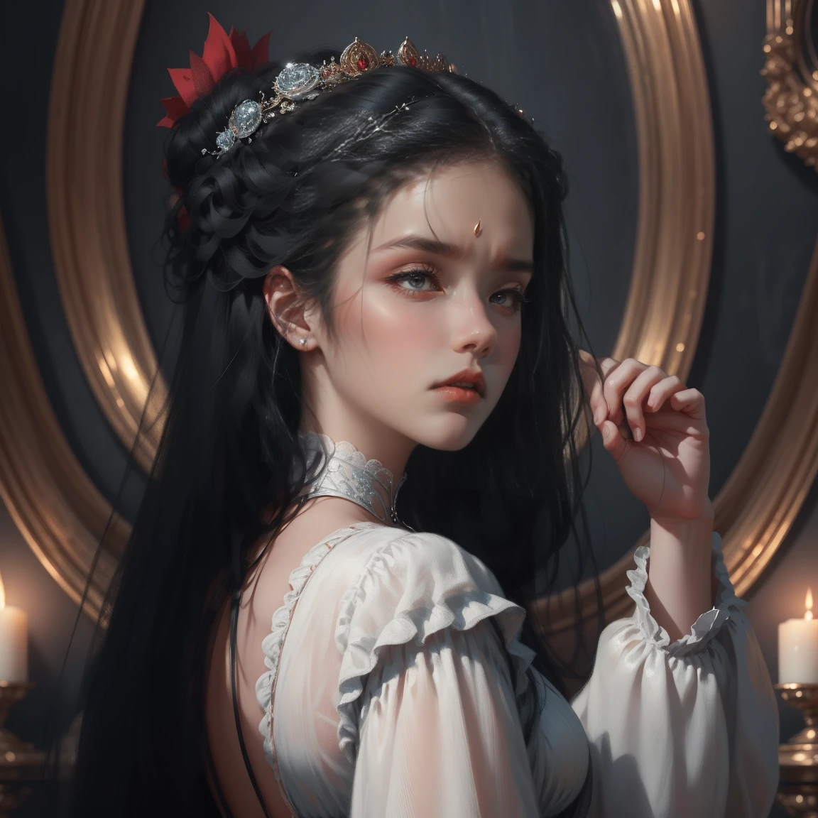 { - anatomy error}(Masterpiece - Ultra-detailed, very high resolution) Prepare to be enchanted by a true masterpiece that combines ultra-detailed art with high-resolution rendering. This work depicts a mesmerizing woman with long black hair (1.3) and captivating gray eyes (1.2), emanating an aura of elegance and mystery in Victorian environments. Intricate details and realistic textures invite you to explore every aspect of this enchanting composition.. Woman wearing a beautiful classic Victorian costume from the year 1878. Red lips. happy face. smiling. offwhite (offwhite) don., Back, olhando Back, dynamic poses. Get ready to dive into a world where beauty and craftsmanship merge perfectly.