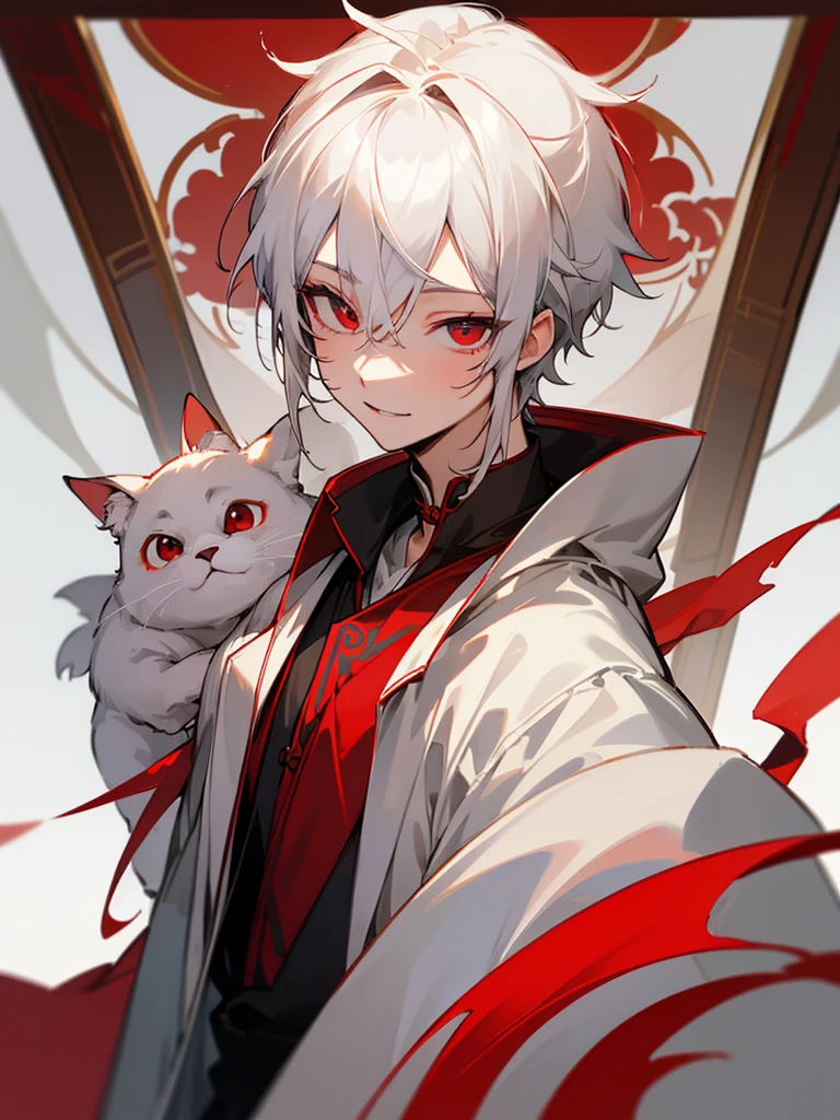 masterpiece、Highest quality、Eyes with attention to detail、whole body、One boy、White shorthair、Hair with bouncy ends、Red eyes、Three white eyeischievous smile、Canine、chinese garment