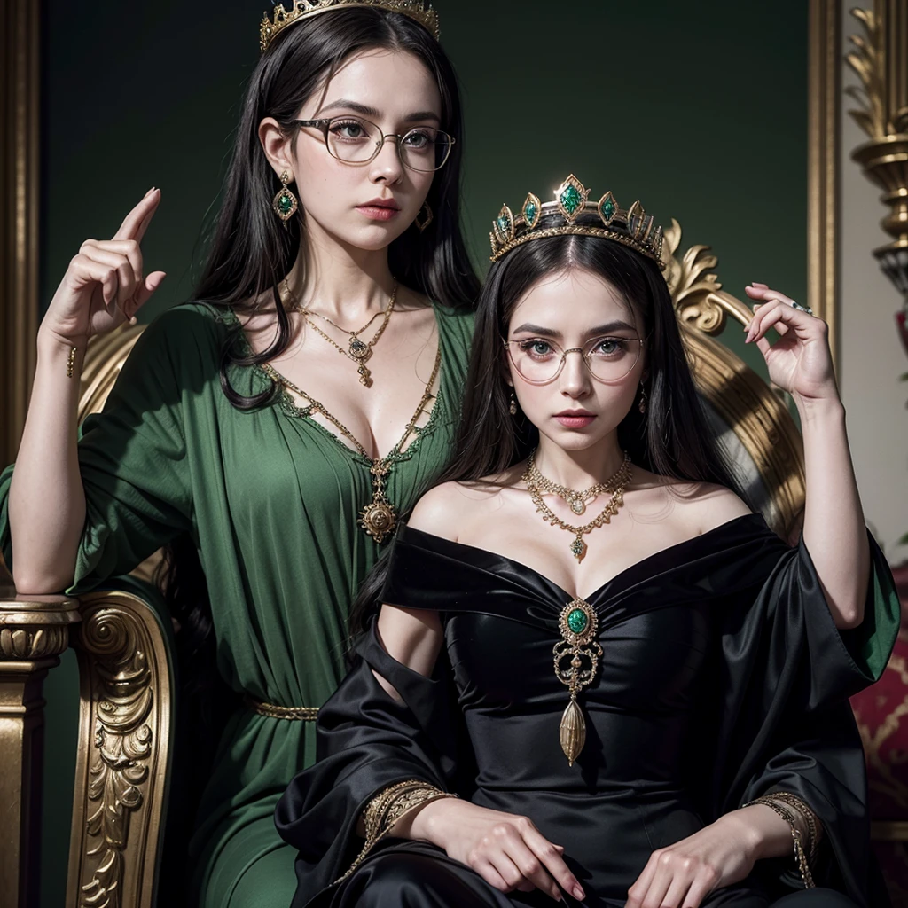 Queen in black dress style of royalty from ancient times and a crazy count with glasses and the queen with a necklace with green stone